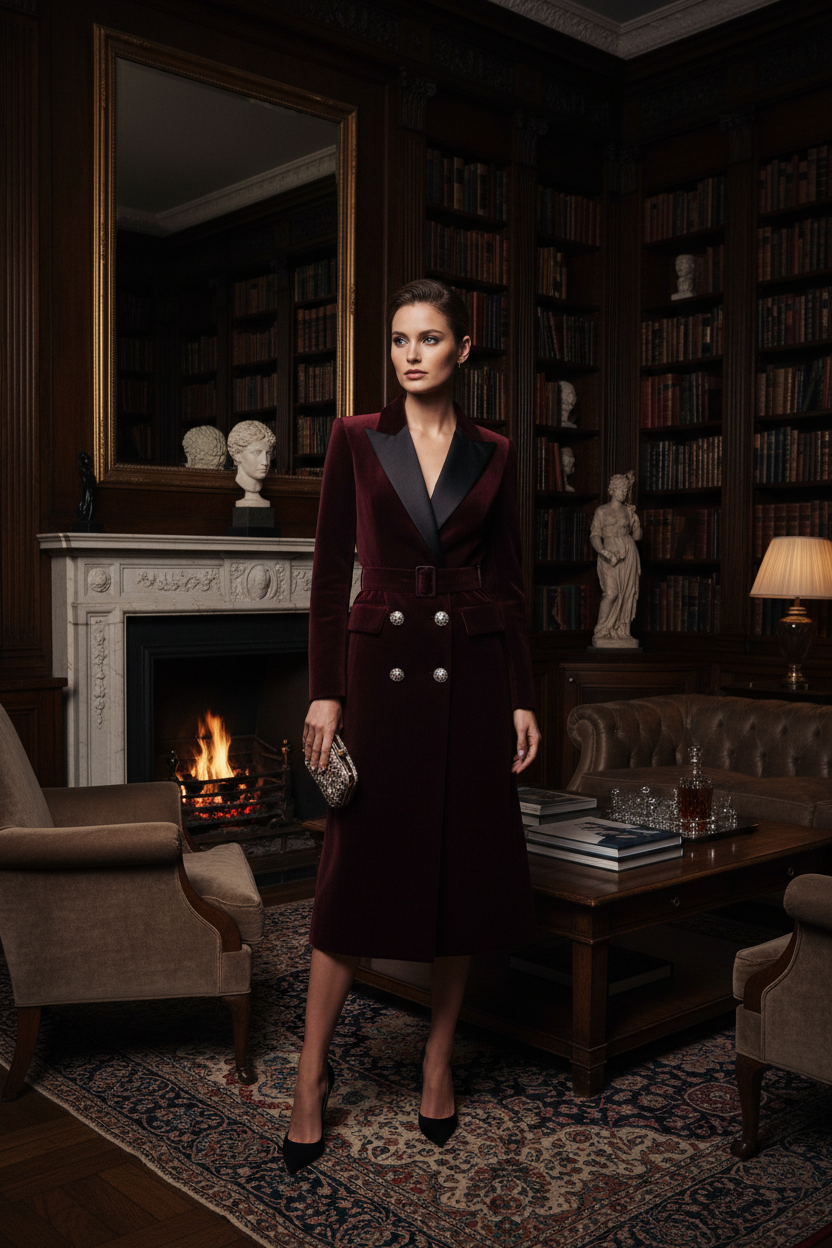 Women's Armani-Inspired Burgundy Velvet Blazer Coat Dress