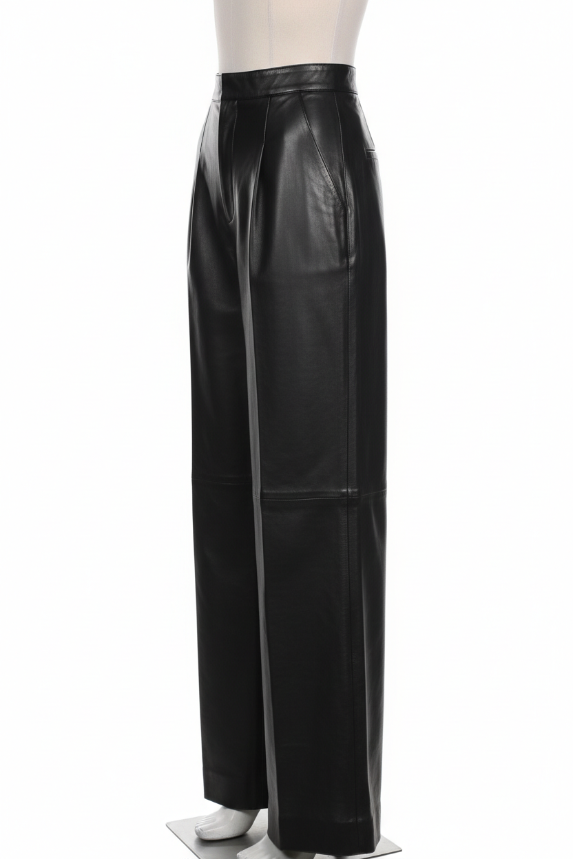 Women's High-Waisted Black Leather Wide-Leg Pants