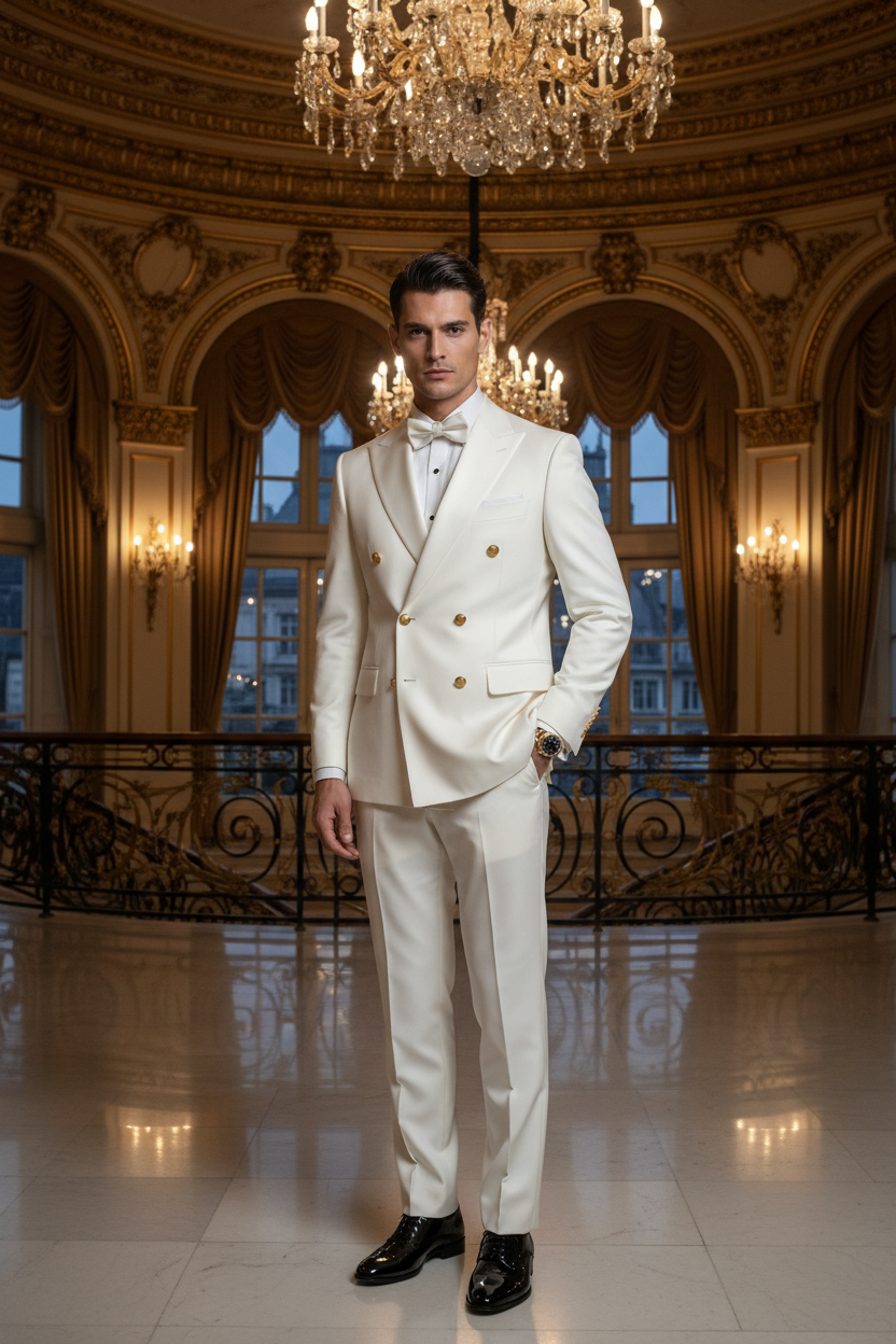 Men's Ivory White Double-Breasted Wedding Suit
