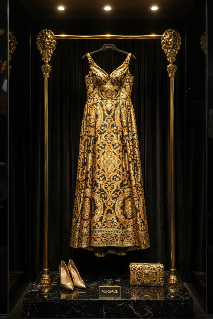 Women's Versace-Inspired Gold Metallic Baroque Evening Gown