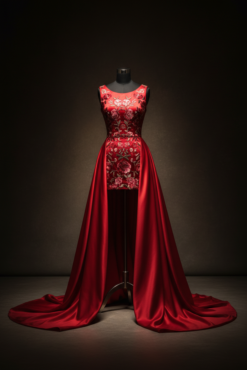 Women's Valentino-Inspired Red Silk Floral Embroidered Gown