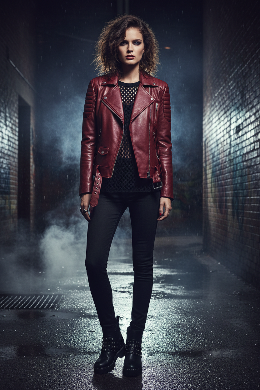 Women's Burgundy Red Leather Moto Jacket – Rock Chic Edition