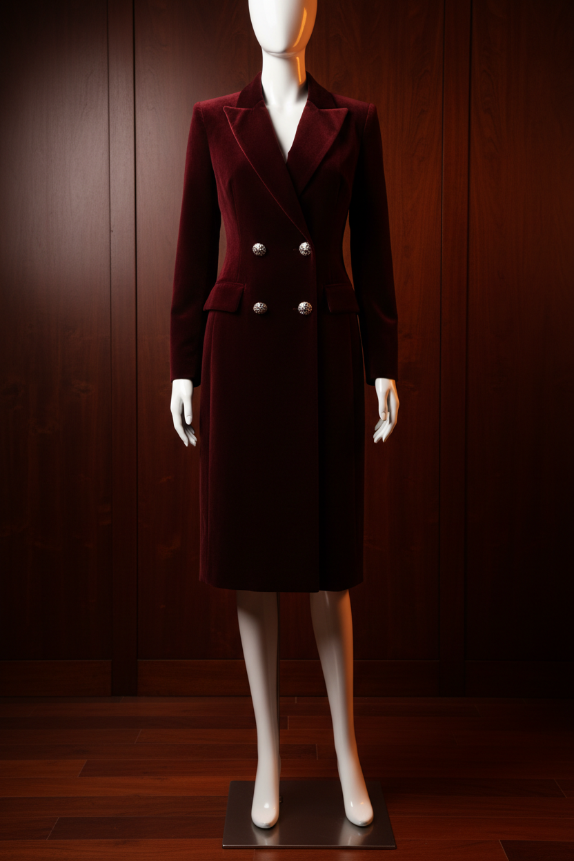 Women's Armani-Inspired Burgundy Velvet Blazer Coat Dress