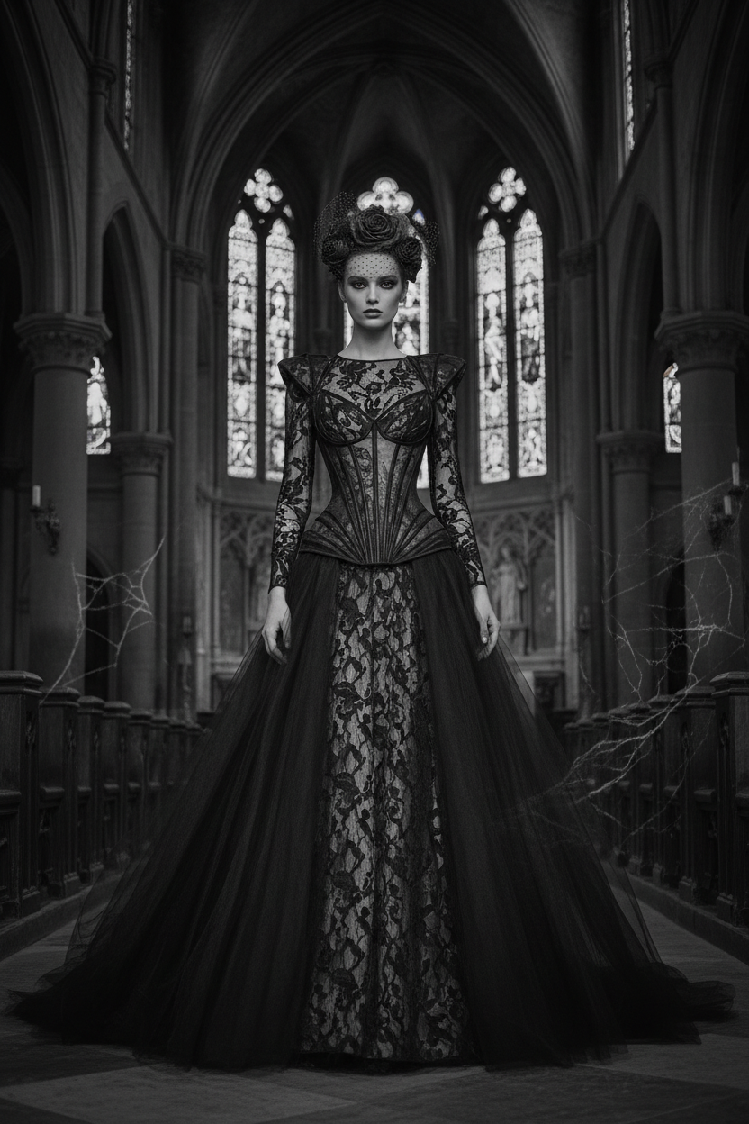 Women's Givenchy-Inspired Black Lace Overlay Couture Gown