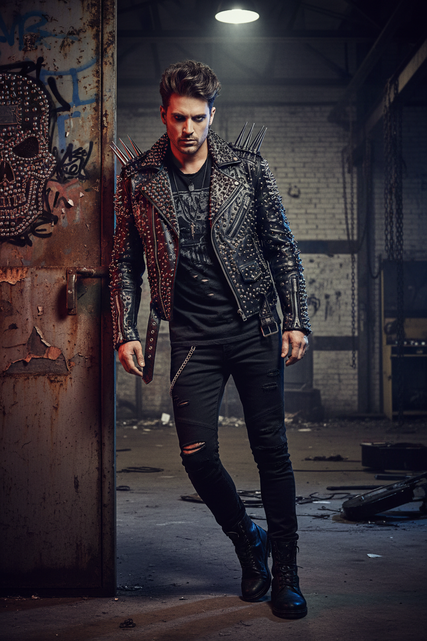 Men's Studded Black Leather Moto Jacket – Rock Star Edition