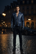 Men's Navy Blue Leather Biker Jacket – Parisian Night Edition