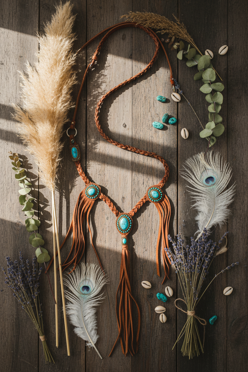 Women's Cognac Leather Braided Boho Harness – Turquoise Stone Edition