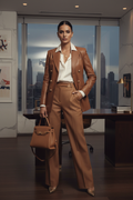 Women's Camel Brown Leather Blazer Jacket – Luxury Office Wear