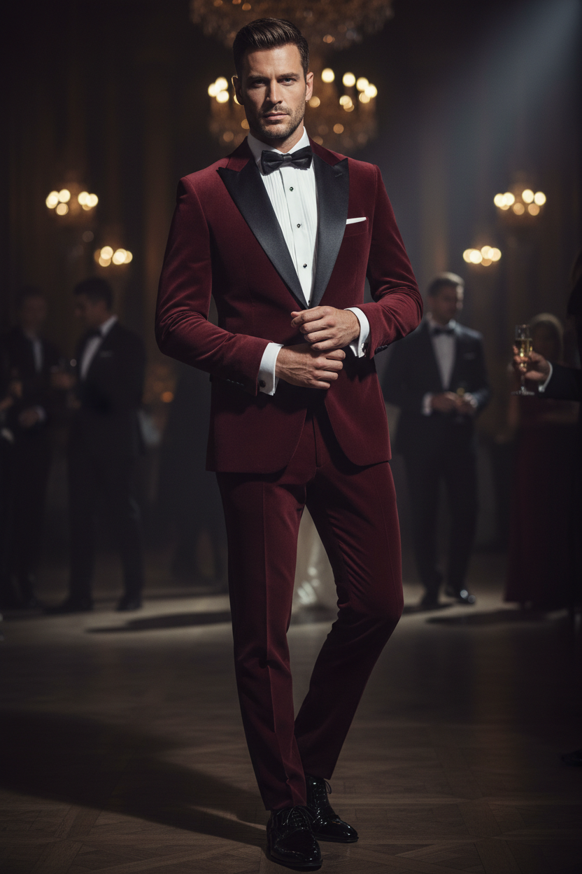 Men's Burgundy Velvet Tuxedo Suit – Black-Tie Luxury