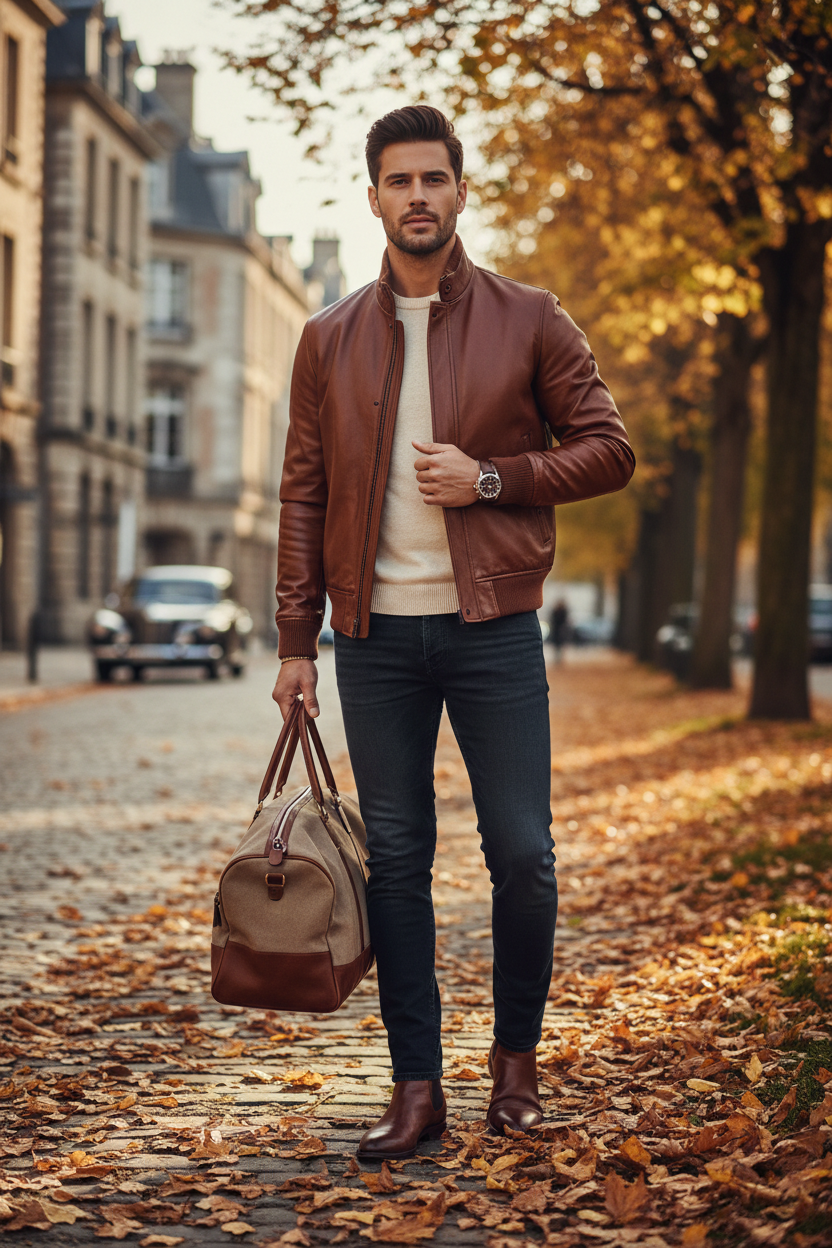 Men's Brown Leather Bomber Jacket – Casual Luxury