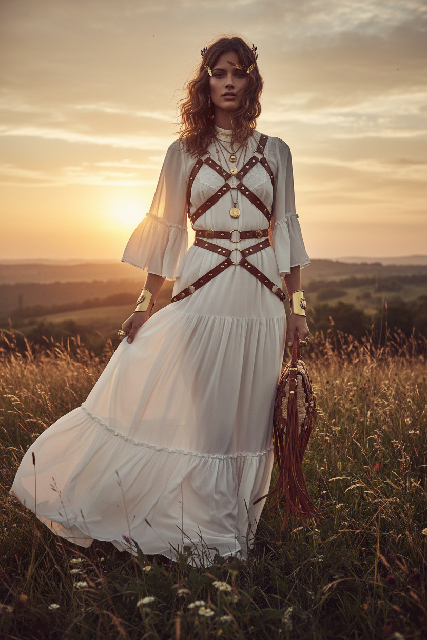 Women's Brown Leather Chest Harness – Bohemian Gold Edition