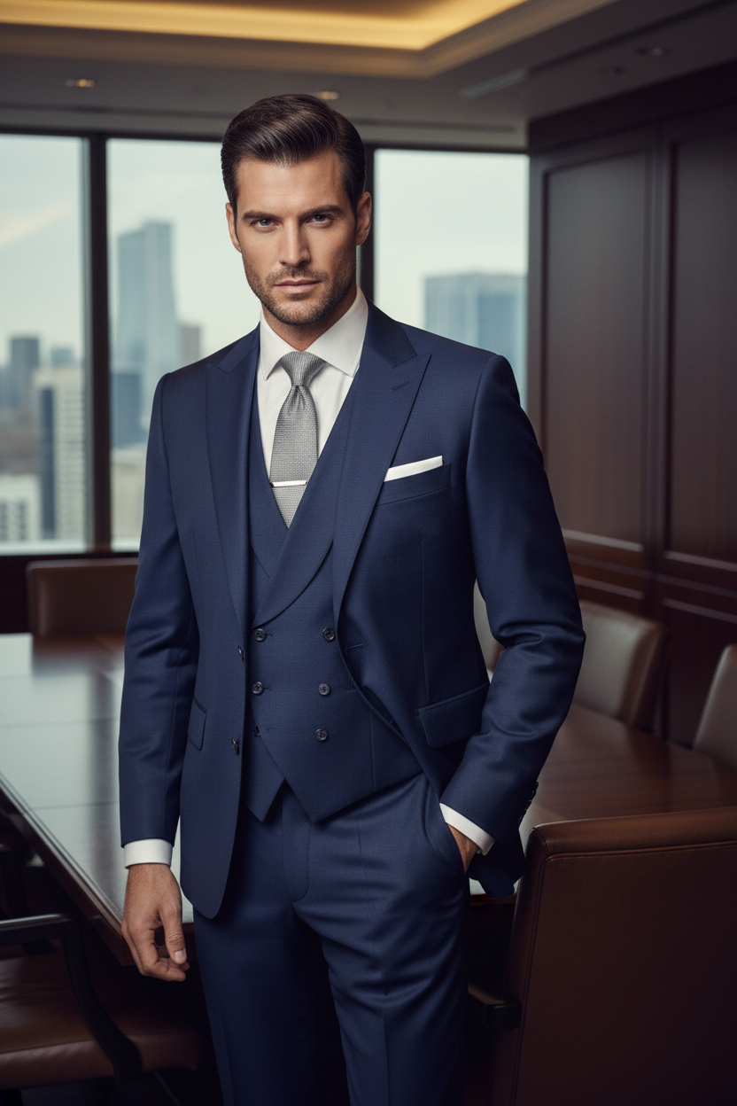 Men's Classic Navy Blue 3-Piece Formal Suit
