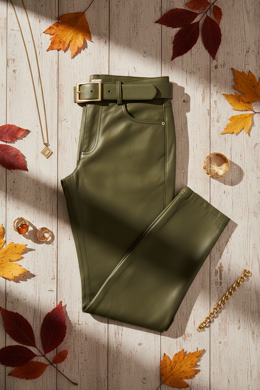 Women's Olive Green Slim-Fit Leather Pants – European Chic