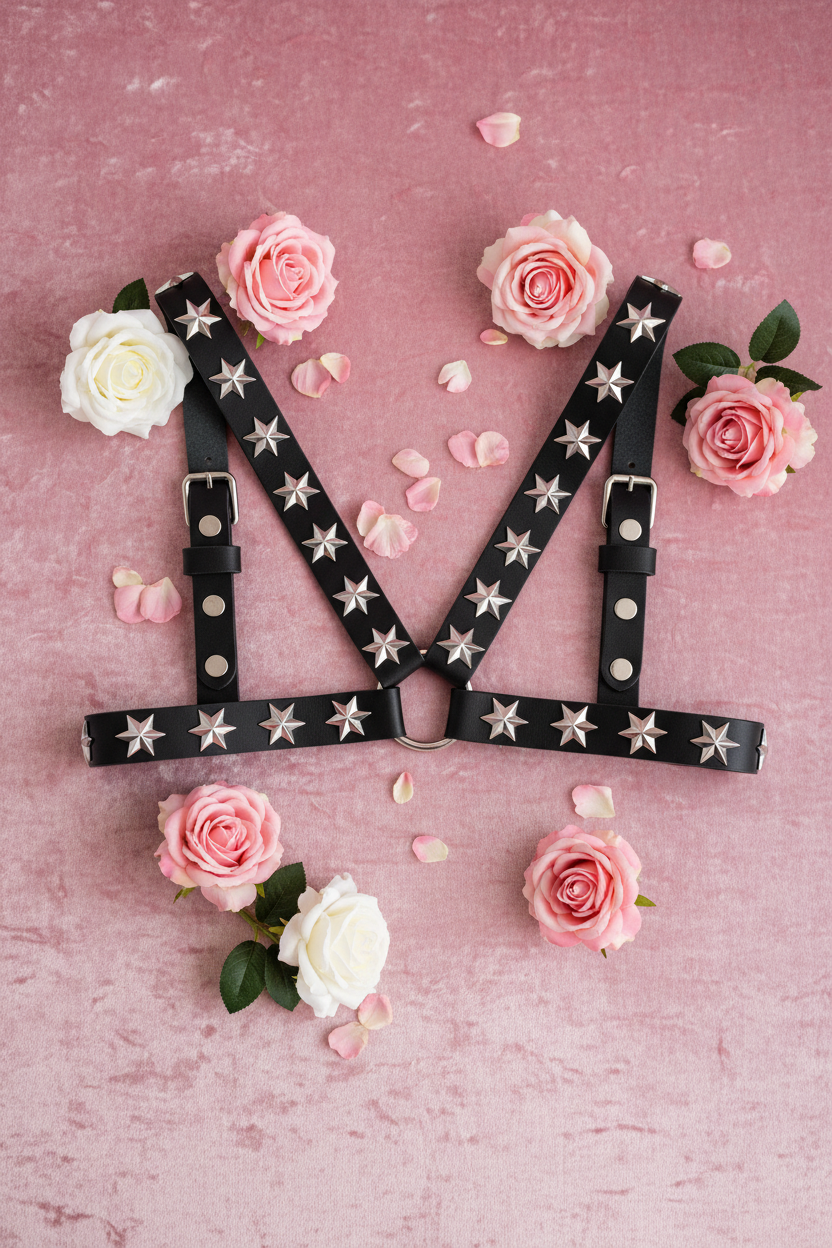 Women's Studded Black Leather Shoulder Harness – Star Edition