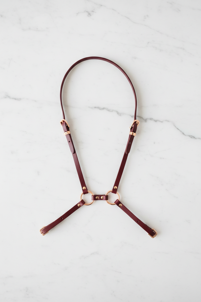 Women's Burgundy Leather Cross-Body Harness – Rose Gold Minimal