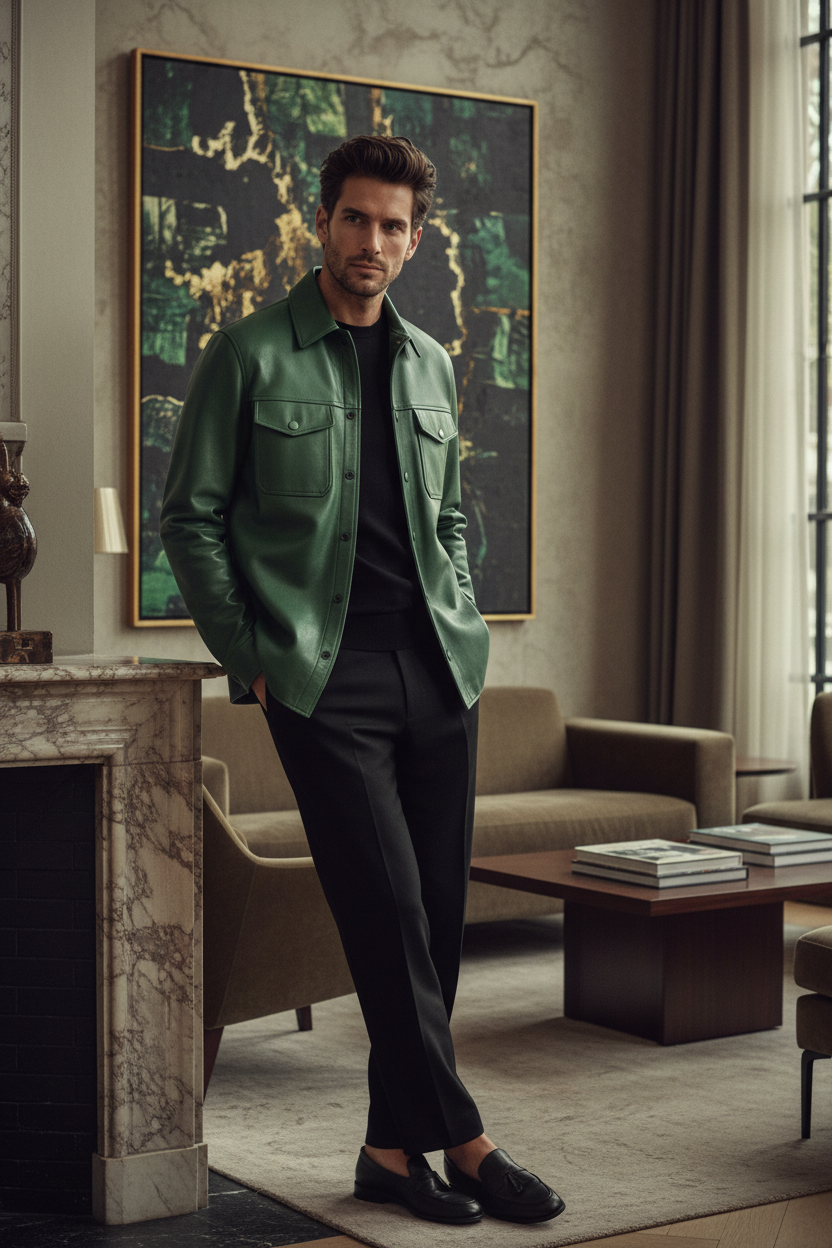 Men's Forest Green Leather Shirt Jacket – Relaxed Luxury