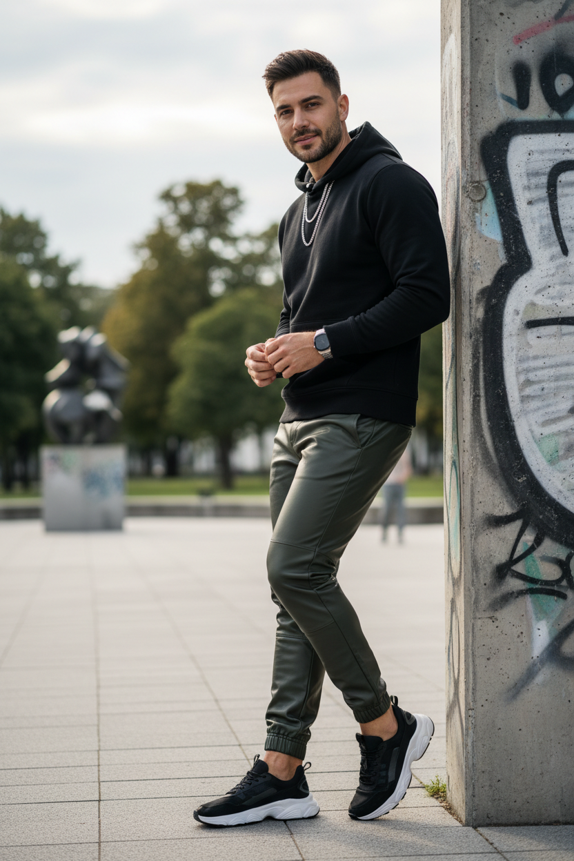 Men's Olive Green Leather Jogger Pants – Urban Street Style