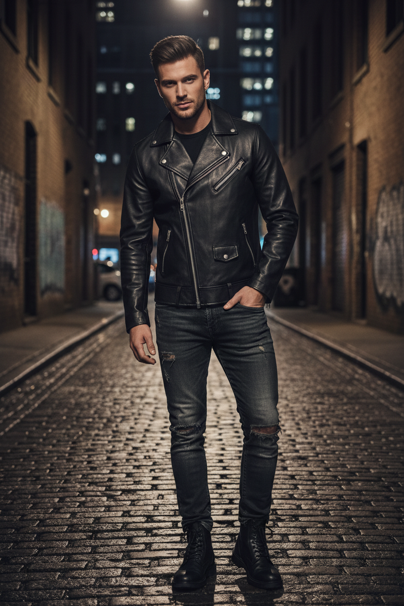 Men's Black Leather Biker Jacket – Classic Street Style
