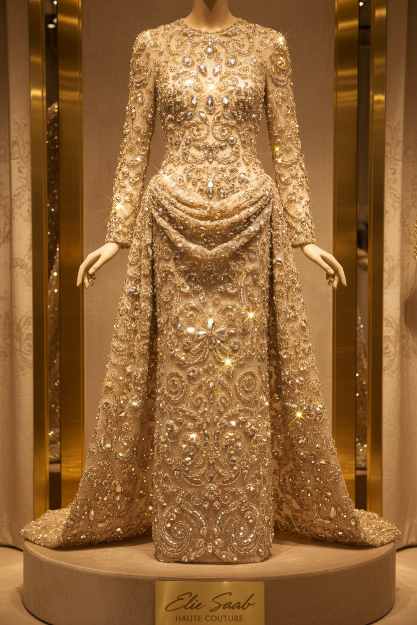 Women's Elie Saab-Inspired Champagne Crystal Beaded Gown