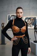 Women's Tan Leather Full Body Harness – Gold Chain Luxury