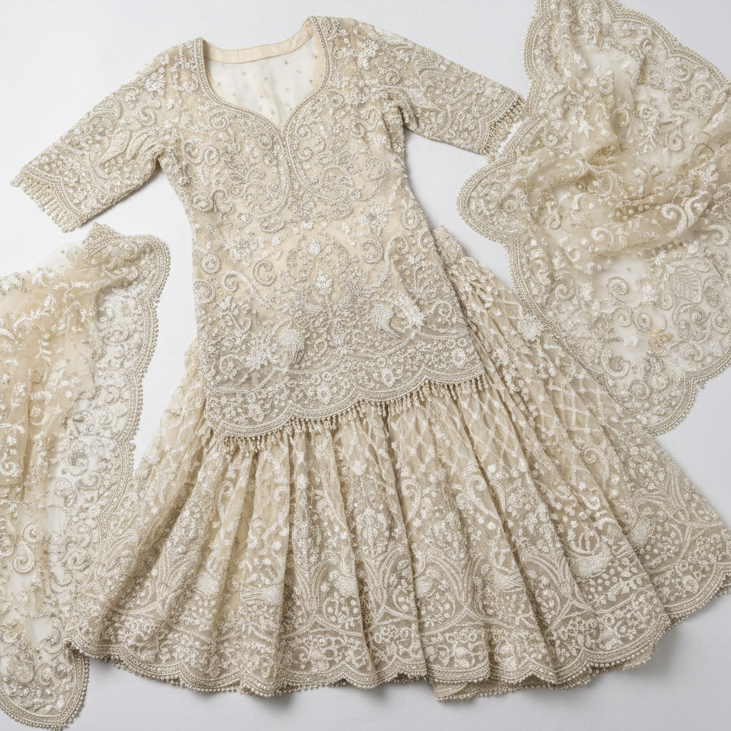 Women's Luxury Organza Sharara Set – Pearl & Silver Edition