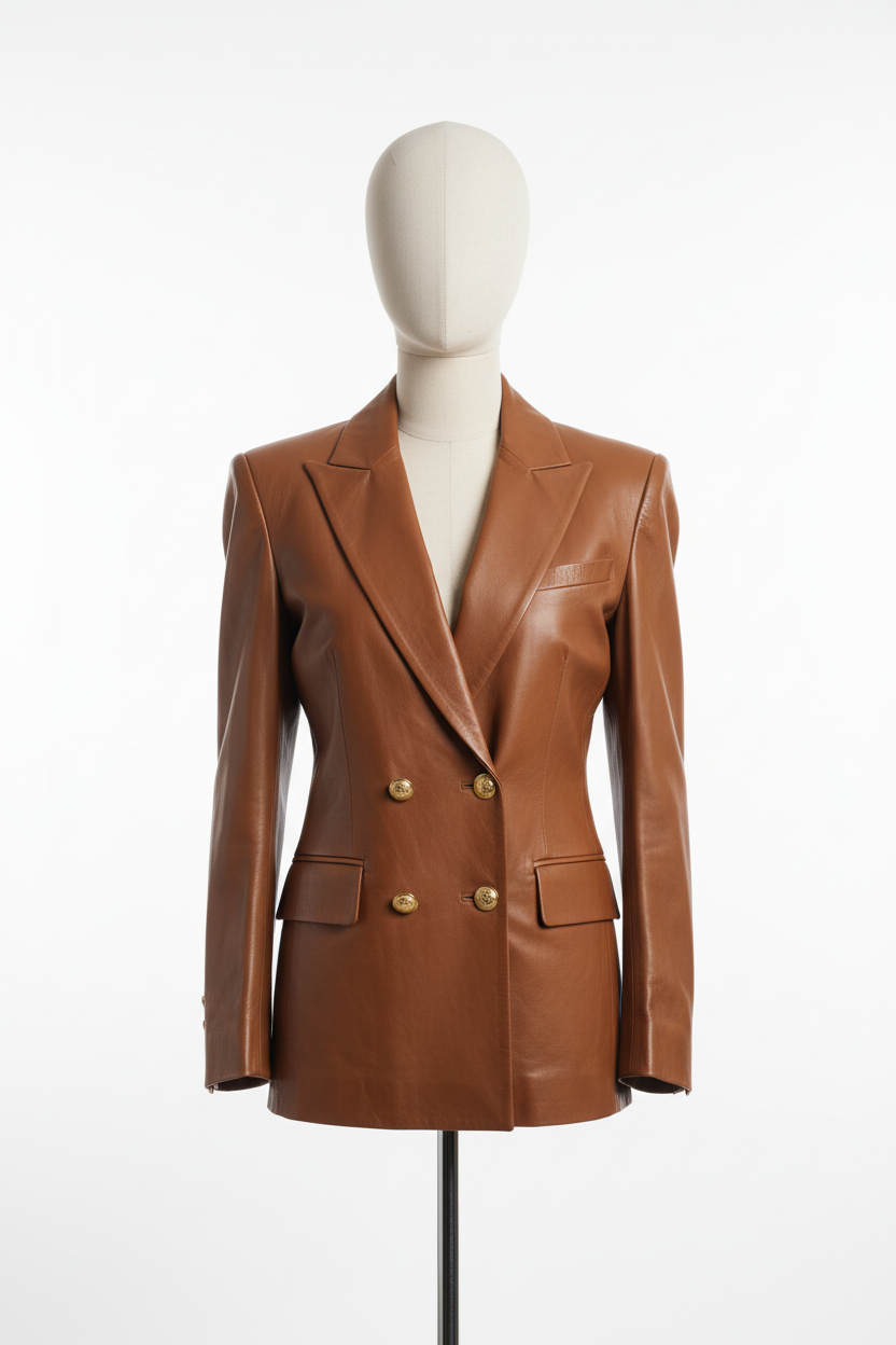 Women's Camel Brown Leather Blazer Jacket – Luxury Office Wear