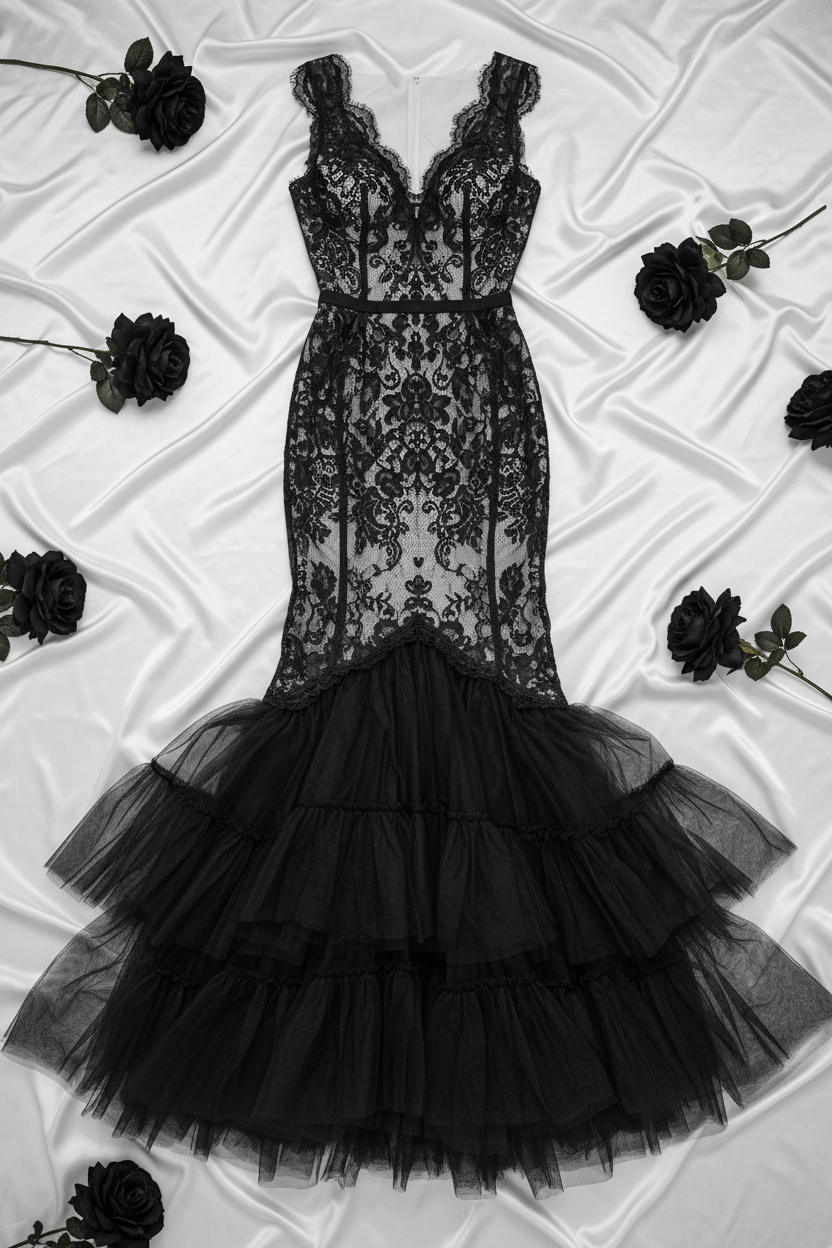 Women's Givenchy-Inspired Black Lace Overlay Couture Gown