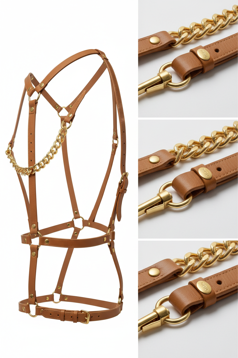 Women's Tan Leather Full Body Harness – Gold Chain Luxury