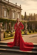Women's Valentino-Inspired Red Silk Floral Embroidered Gown