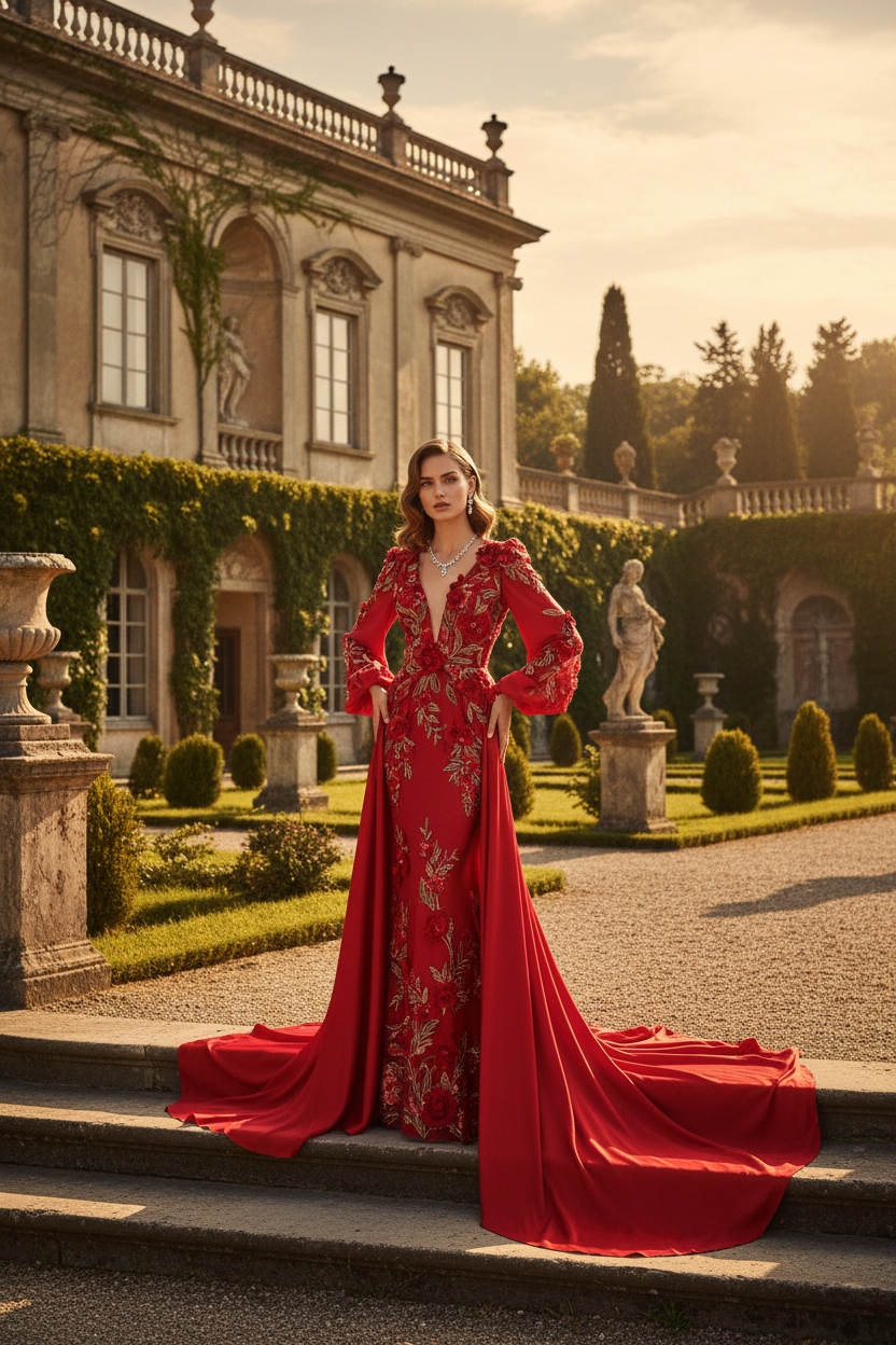 Women's Valentino-Inspired Red Silk Floral Embroidered Gown