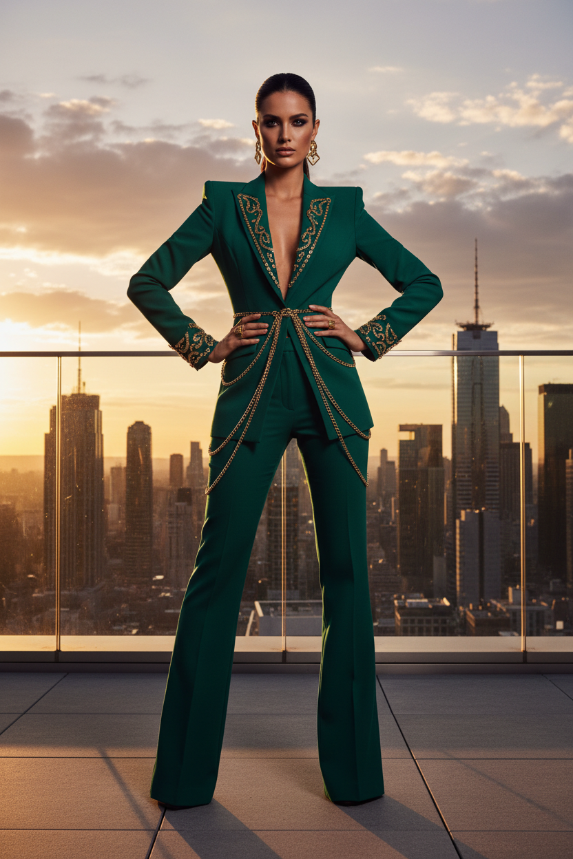 Women's Balmain-Inspired Emerald Green Power Suit